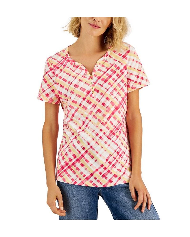 Women's Plaid Relaxed Henley Knit Top Red $11.99 Tops