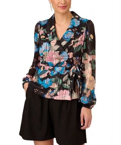 Women's Floral Clip-Dot Tie-Waist Top Black Multi $79.43 Tops