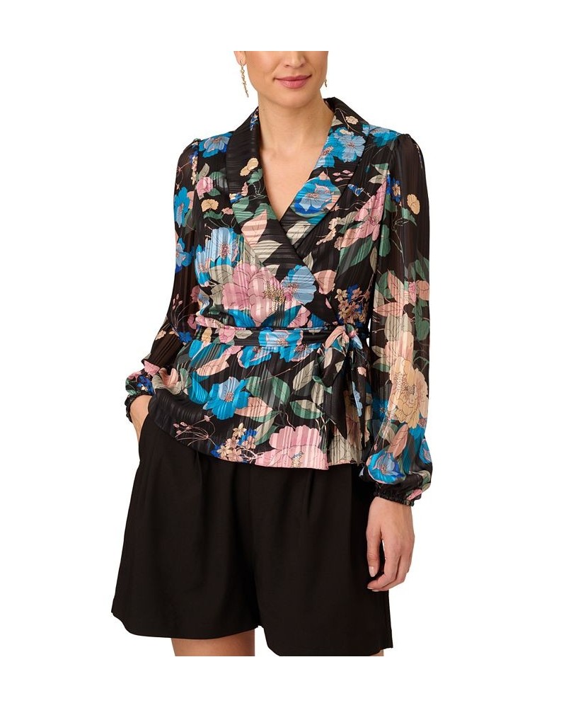 Women's Floral Clip-Dot Tie-Waist Top Black Multi $79.43 Tops