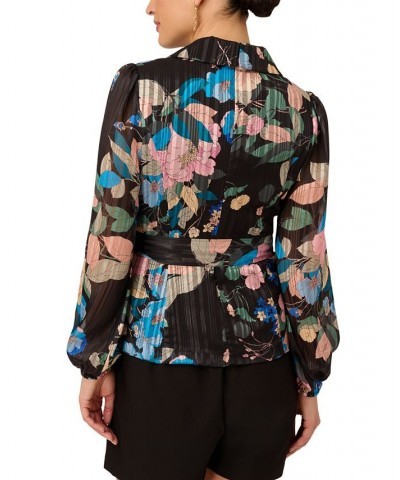 Women's Floral Clip-Dot Tie-Waist Top Black Multi $79.43 Tops