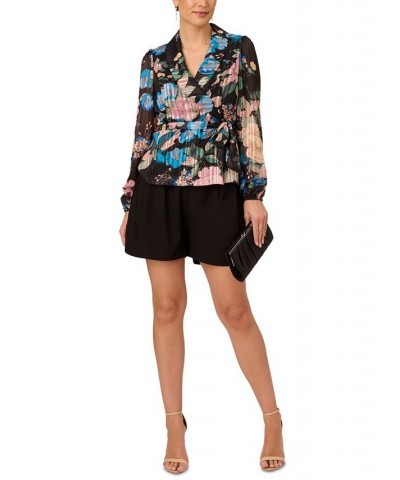 Women's Floral Clip-Dot Tie-Waist Top Black Multi $79.43 Tops