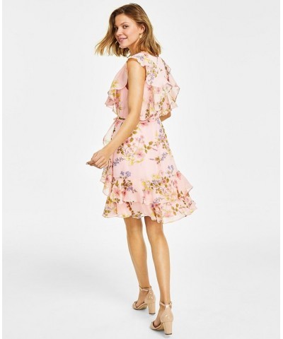 Women's Flutter-Sleeve Chiffon Fit & Flare Dress Ballerina Pink Multi $56.99 Dresses