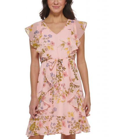 Women's Flutter-Sleeve Chiffon Fit & Flare Dress Ballerina Pink Multi $56.99 Dresses