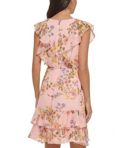 Women's Flutter-Sleeve Chiffon Fit & Flare Dress Ballerina Pink Multi $56.99 Dresses