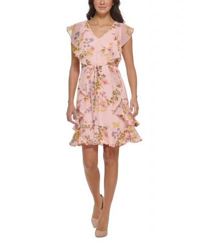 Women's Flutter-Sleeve Chiffon Fit & Flare Dress Ballerina Pink Multi $56.99 Dresses