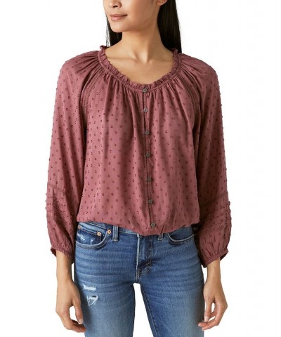 Women's Long-Sleeve Bubble-Hem Blouse Brown $35.80 Tops