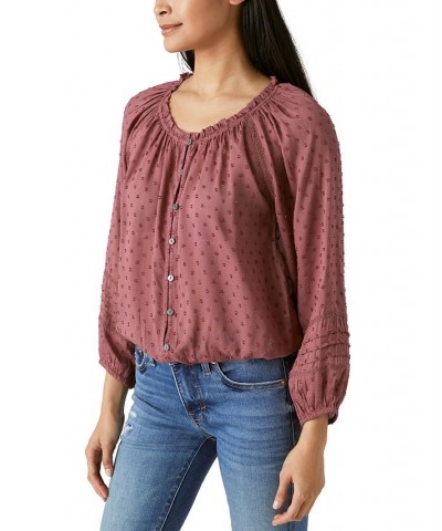 Women's Long-Sleeve Bubble-Hem Blouse Brown $35.80 Tops