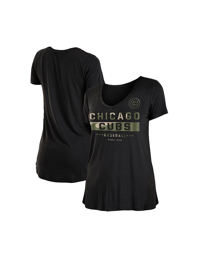 Women's Black Chicago Cubs 2021 Armed Forces Day Brushed V-Neck T-shirt Black $14.88 Tops