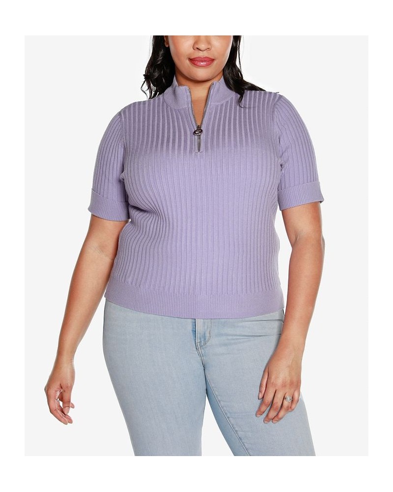 Black Label Plus Size Mock Neck Zip Front Ribbed Short Sleeve Sweater Purple $26.25 Sweaters