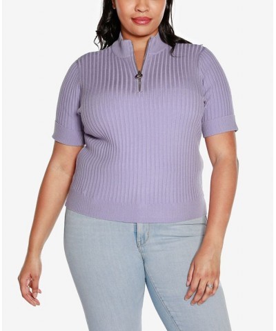 Black Label Plus Size Mock Neck Zip Front Ribbed Short Sleeve Sweater Purple $26.25 Sweaters