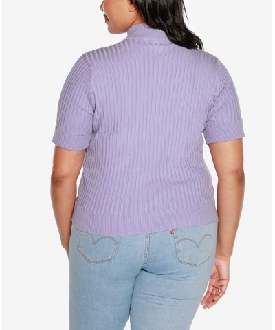 Black Label Plus Size Mock Neck Zip Front Ribbed Short Sleeve Sweater Purple $26.25 Sweaters