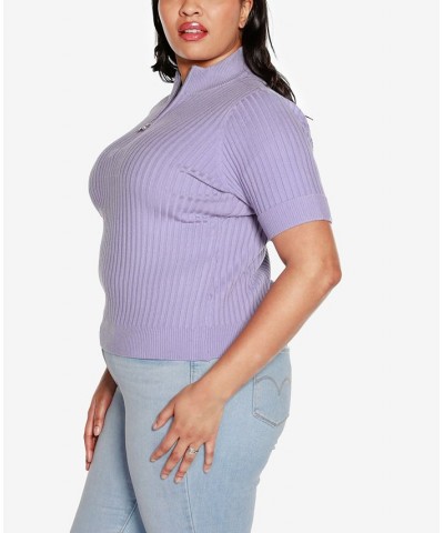 Black Label Plus Size Mock Neck Zip Front Ribbed Short Sleeve Sweater Purple $26.25 Sweaters