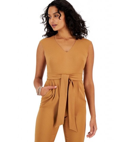 Women's V-Neck Tie-Waist Jumpsuit Toasted Almond $41.42 Pants