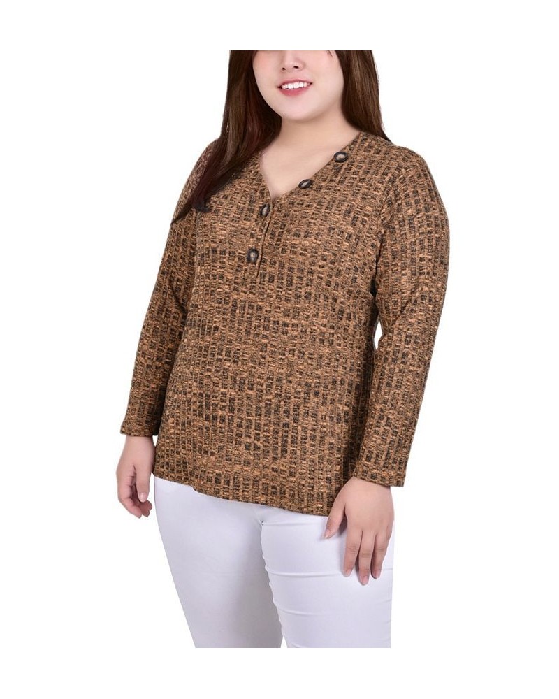 Plus Size Long Sleeve Ribbed Henley Yellow $12.56 Tops