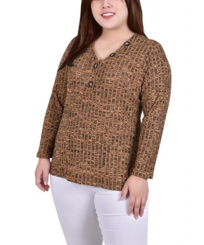 Plus Size Long Sleeve Ribbed Henley Yellow $12.56 Tops