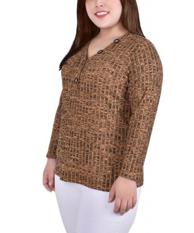 Plus Size Long Sleeve Ribbed Henley Yellow $12.56 Tops