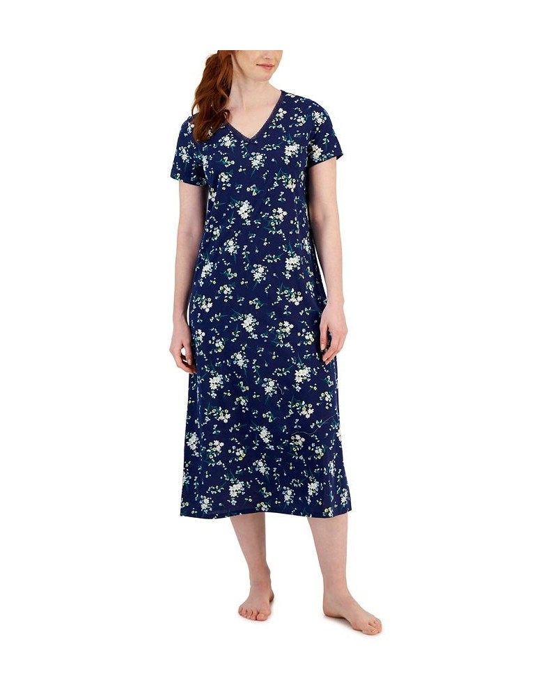 Women's Cotton Lace-Trim Essentials Nightgown White Floral Medieval Blue $13.77 Sleepwear