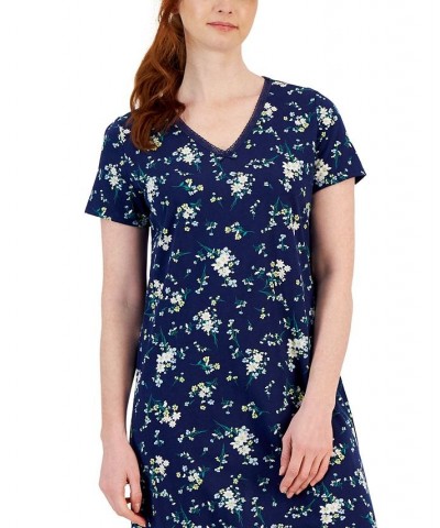 Women's Cotton Lace-Trim Essentials Nightgown White Floral Medieval Blue $13.77 Sleepwear