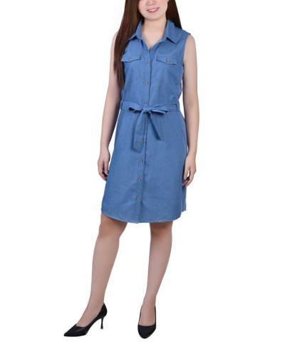 Petite Sleeveless Belted Denim Dress Med Denim $20.35 Dresses