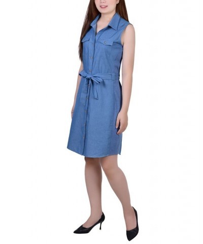 Petite Sleeveless Belted Denim Dress Med Denim $20.35 Dresses