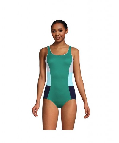 Women's Long Scoop Neck Soft Cup Tugless Sporty One Piece Swimsuit Island Emerald/Navy Mix $35.02 Swimsuits