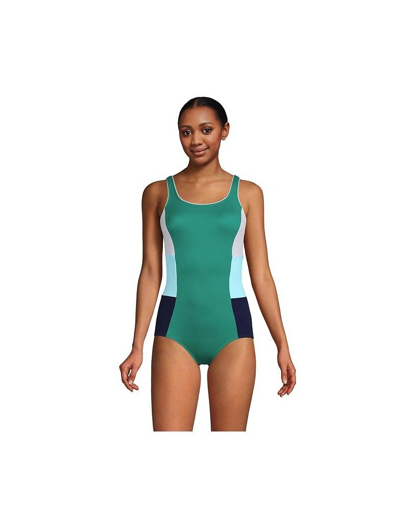 Women's Long Scoop Neck Soft Cup Tugless Sporty One Piece Swimsuit Island Emerald/Navy Mix $35.02 Swimsuits