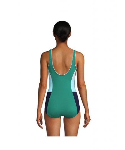 Women's Long Scoop Neck Soft Cup Tugless Sporty One Piece Swimsuit Island Emerald/Navy Mix $35.02 Swimsuits