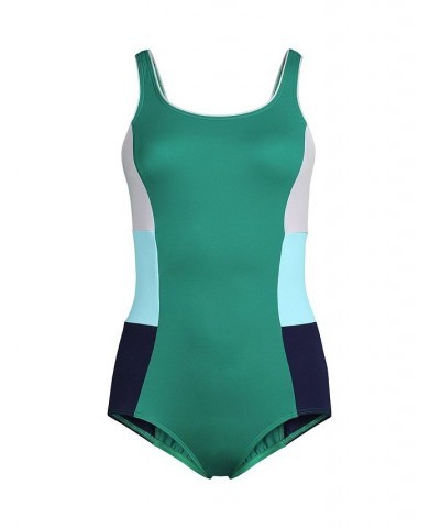 Women's Long Scoop Neck Soft Cup Tugless Sporty One Piece Swimsuit Island Emerald/Navy Mix $35.02 Swimsuits