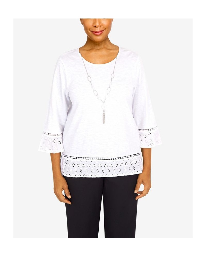 Women's Summer in The City Eyelet Border Crew Neck Top with Necklace White $29.19 Tops