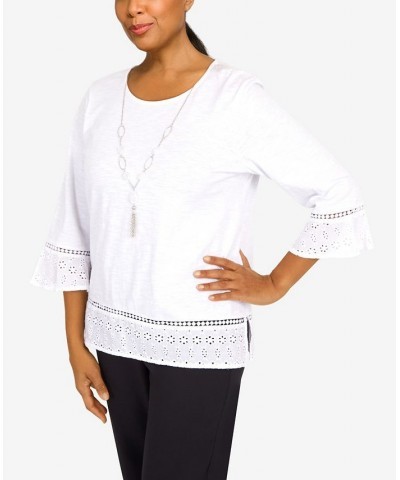 Women's Summer in The City Eyelet Border Crew Neck Top with Necklace White $29.19 Tops