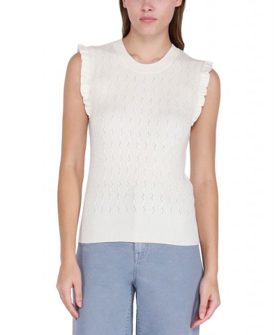 Women's Ruffled-Shoulder Ribbed Knit Sweater Pearl $16.25 Sweaters