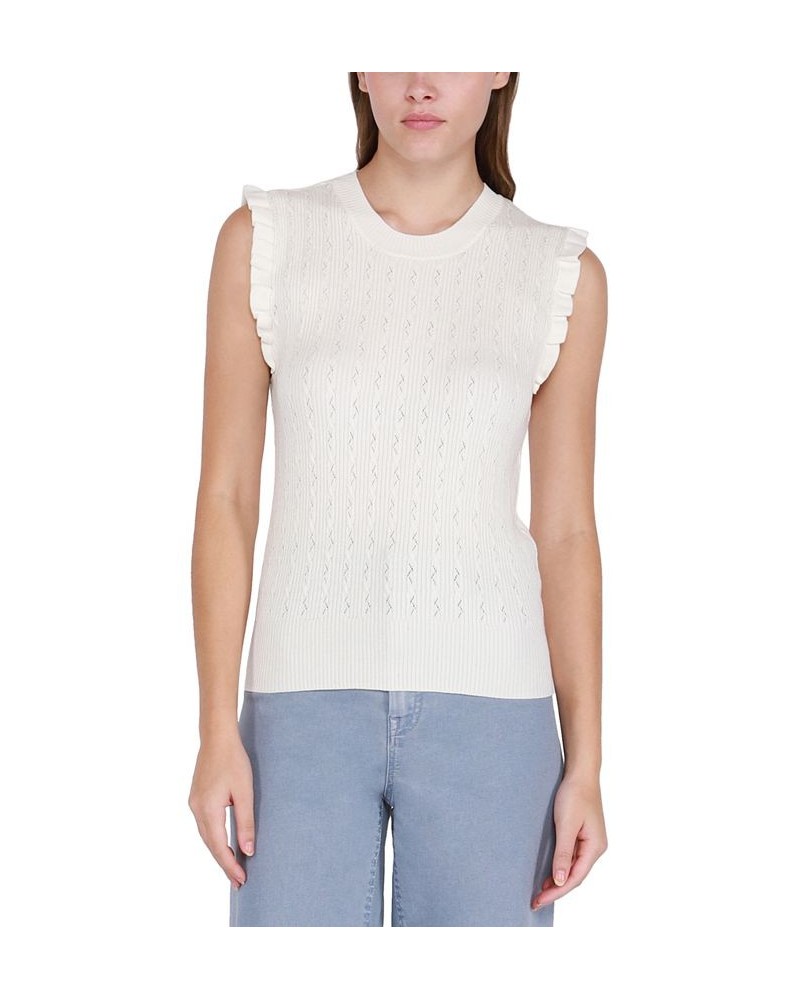 Women's Ruffled-Shoulder Ribbed Knit Sweater Pearl $16.25 Sweaters