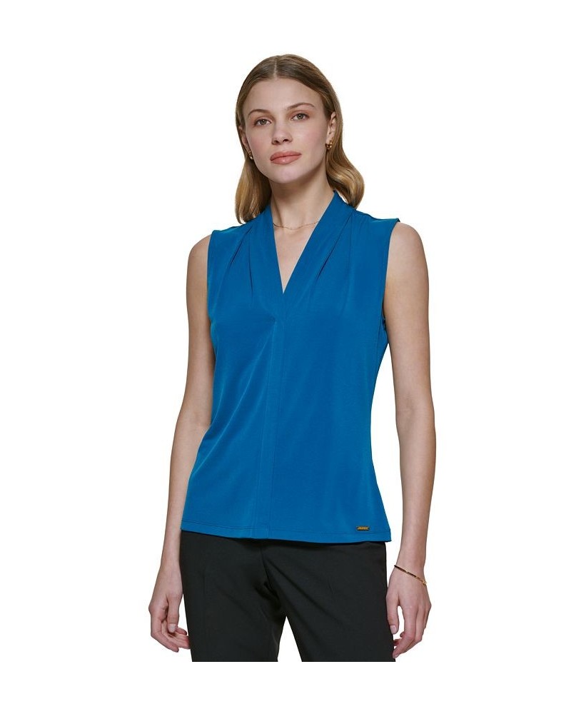 Gathered V-Neck Sleeveless Top Blue $29.16 Tops