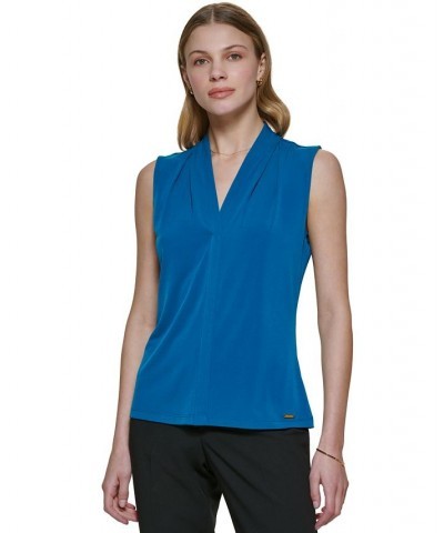 Gathered V-Neck Sleeveless Top Blue $29.16 Tops