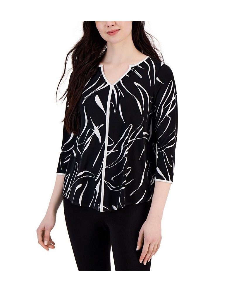 Women's Piped Split-Neck 3/4-Sleeve Top Black Linear Print $15.64 Tops