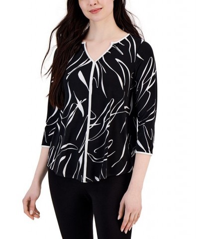 Women's Piped Split-Neck 3/4-Sleeve Top Black Linear Print $15.64 Tops