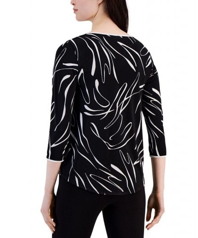 Women's Piped Split-Neck 3/4-Sleeve Top Black Linear Print $15.64 Tops