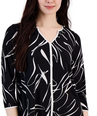 Women's Piped Split-Neck 3/4-Sleeve Top Black Linear Print $15.64 Tops