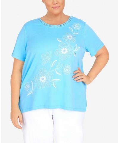 Plus Size Cool Vibrations Double Strap Crew Neck Floral Top Aqua $33.08 Tops