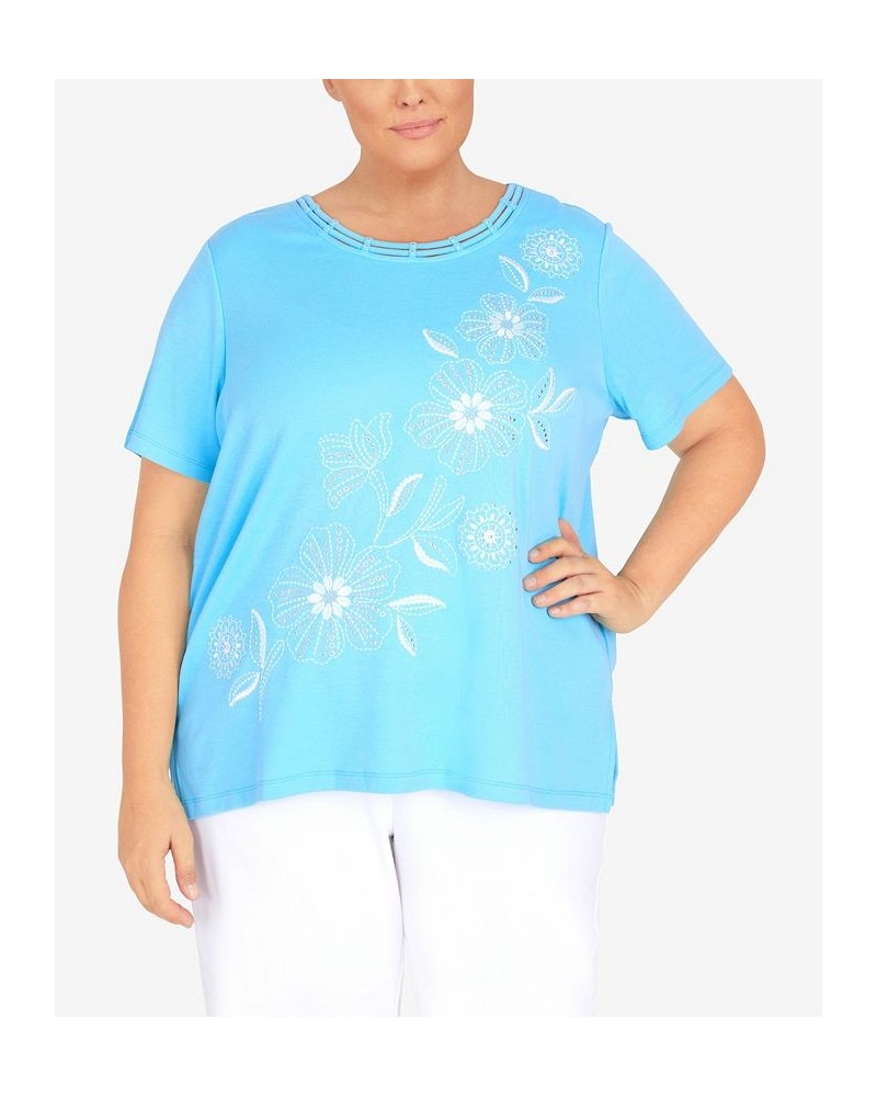 Plus Size Cool Vibrations Double Strap Crew Neck Floral Top Aqua $33.08 Tops