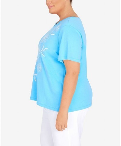 Plus Size Cool Vibrations Double Strap Crew Neck Floral Top Aqua $33.08 Tops