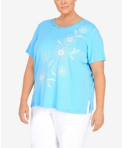 Plus Size Cool Vibrations Double Strap Crew Neck Floral Top Aqua $33.08 Tops