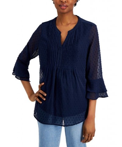 Women's Double-Ruffle Textured Pintuck Top Intrepid Blue $26.40 Tops