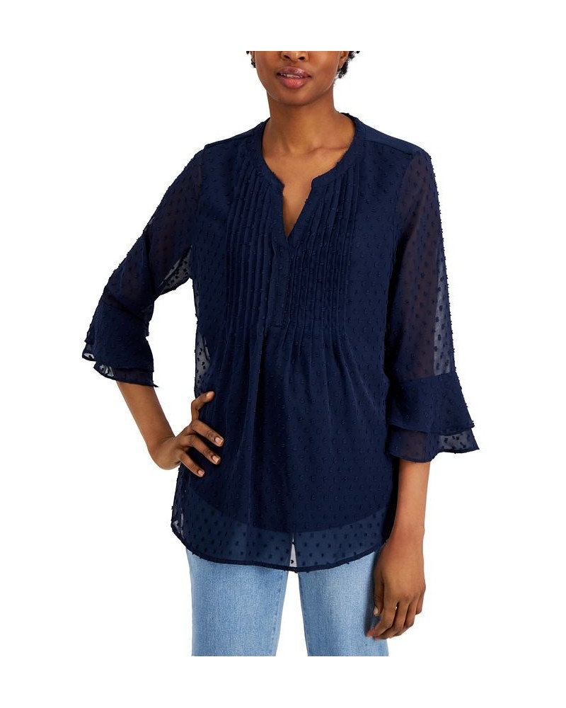 Women's Double-Ruffle Textured Pintuck Top Intrepid Blue $26.40 Tops