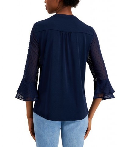 Women's Double-Ruffle Textured Pintuck Top Intrepid Blue $26.40 Tops