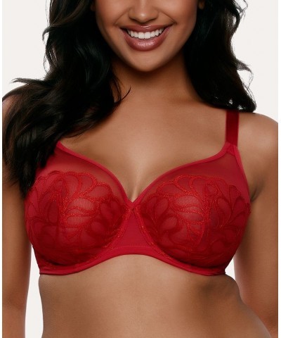 Women's Lotus Embroidered Unlined Underwire Bra Red $16.09 Bras