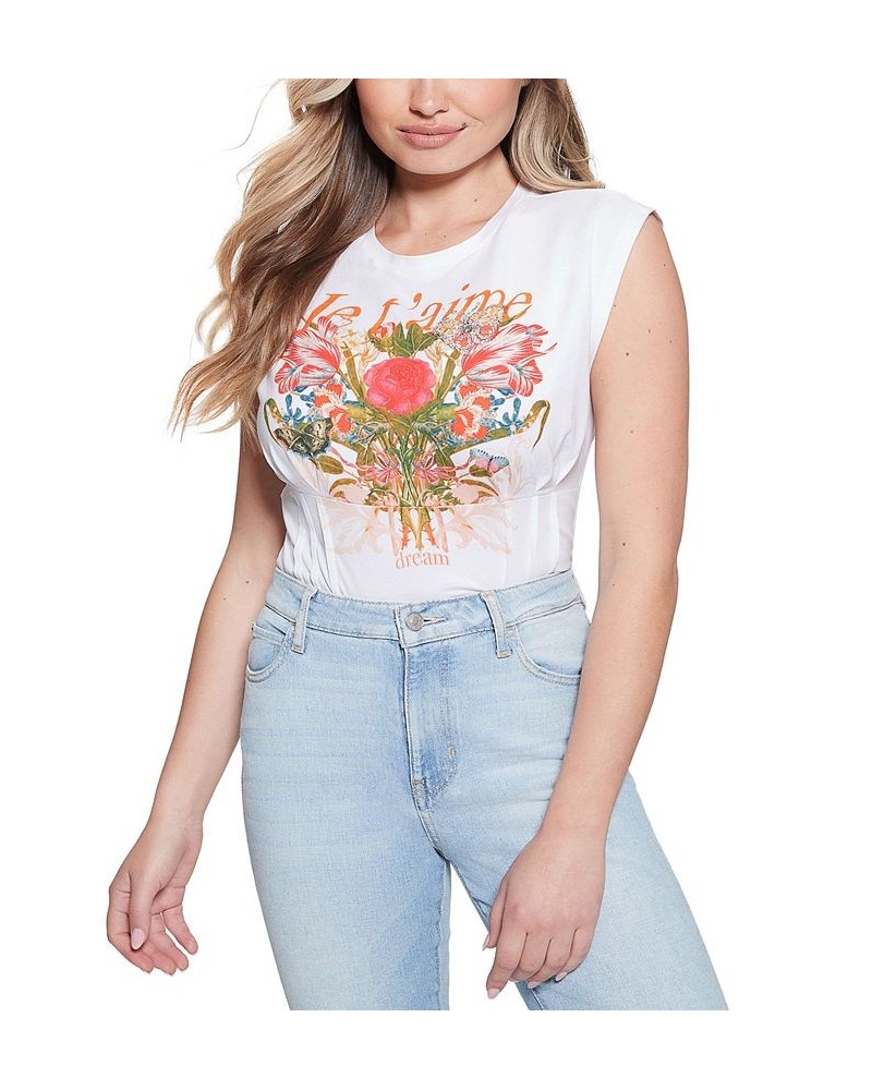 Women's Cap-Sleeve Je T'aime Corset T-Shirt Pure White $30.68 Tops