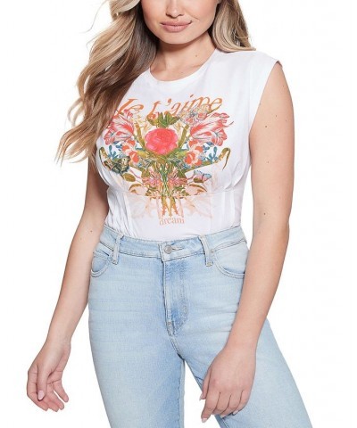 Women's Cap-Sleeve Je T'aime Corset T-Shirt Pure White $30.68 Tops