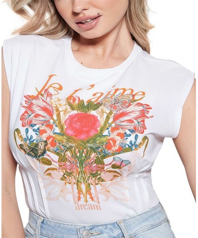 Women's Cap-Sleeve Je T'aime Corset T-Shirt Pure White $30.68 Tops