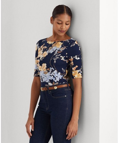 Women's Floral Stretch Cotton T-Shirt Regular & Petite Navy Multi $38.23 Tops